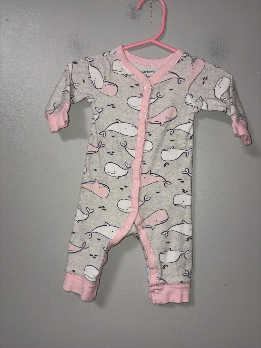 Carters Gray White & Pink Whales & Fish Snap Jumpsuit Romper Girls 3M